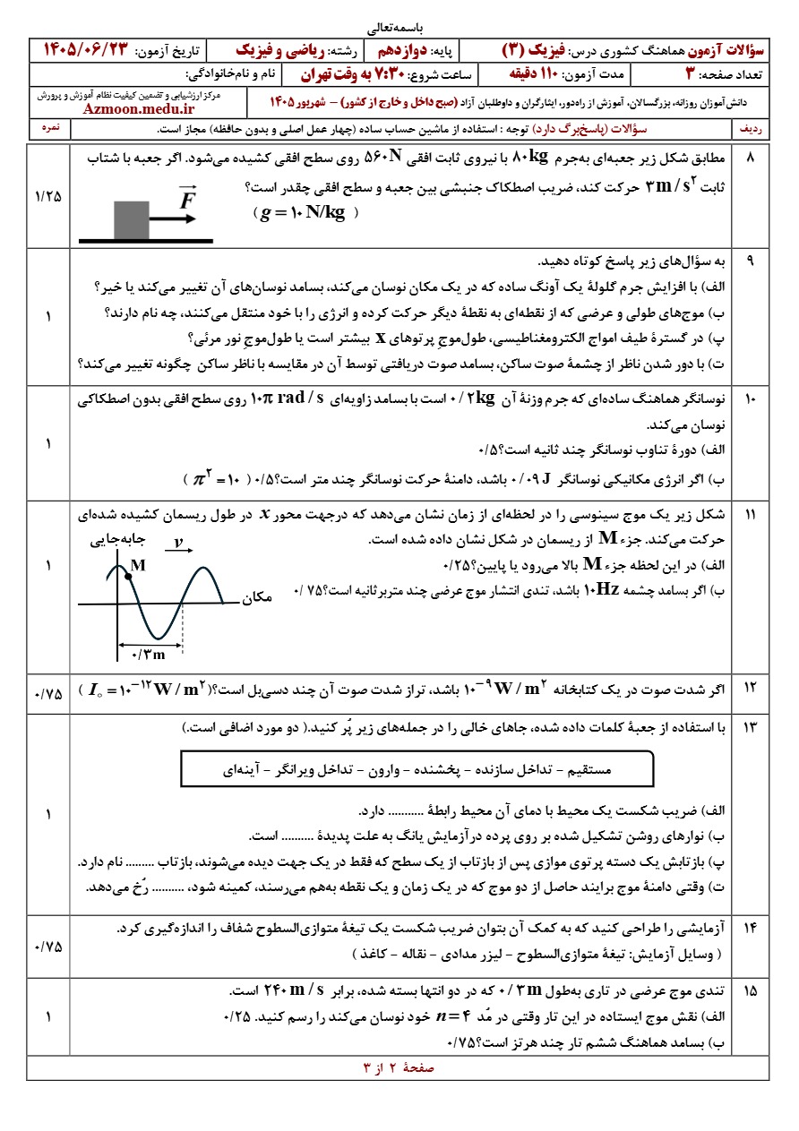 سوالات امتحان نهایی فیزیک دوازدهم ریاضی شهریور ۱۴۰۵