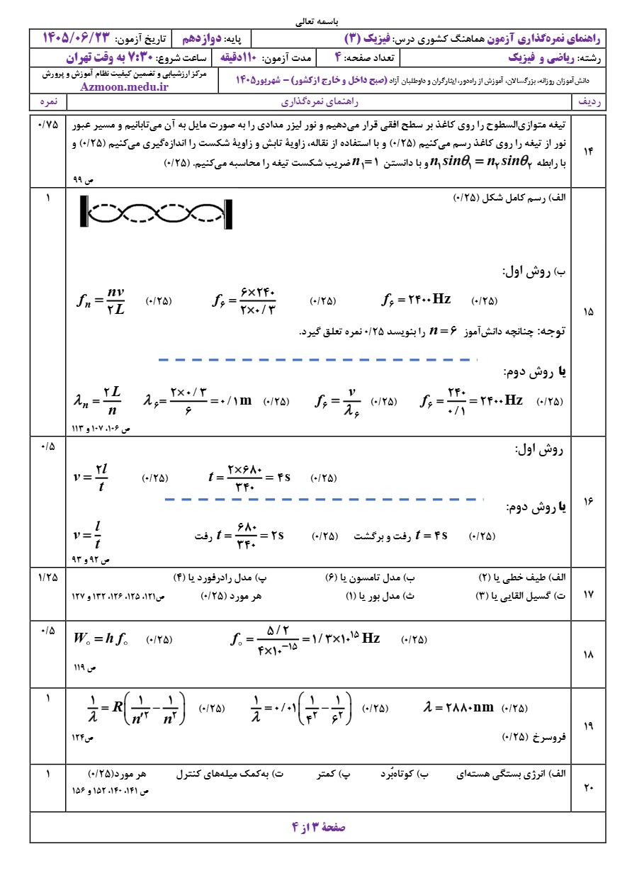 جواب سوالات امتحان نهایی فیزیک دوازدهم ریاضی شهریور ۱۴۰۵