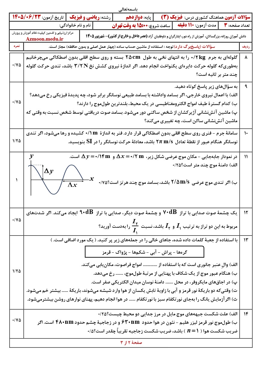سوالات امتحان نهایی فیزیک دوازدهم ریاضی شهریور ۱۴۰۵