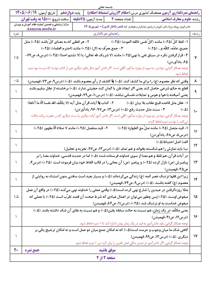 سوالات نهایی احکام دوازدهم شهریور ۱۴۰۵