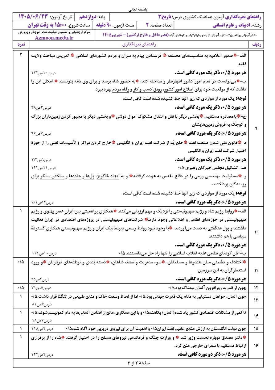 جواب سوالات امتحان نهایی تاریخ دوازدهم شهریور ۱۴۰۵