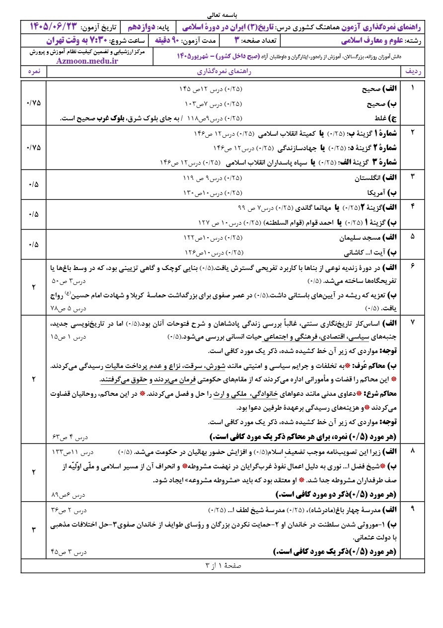 جواب سوالات امتحان نهایی تاریخ دوازدهم شهریور ۱۴۰۵