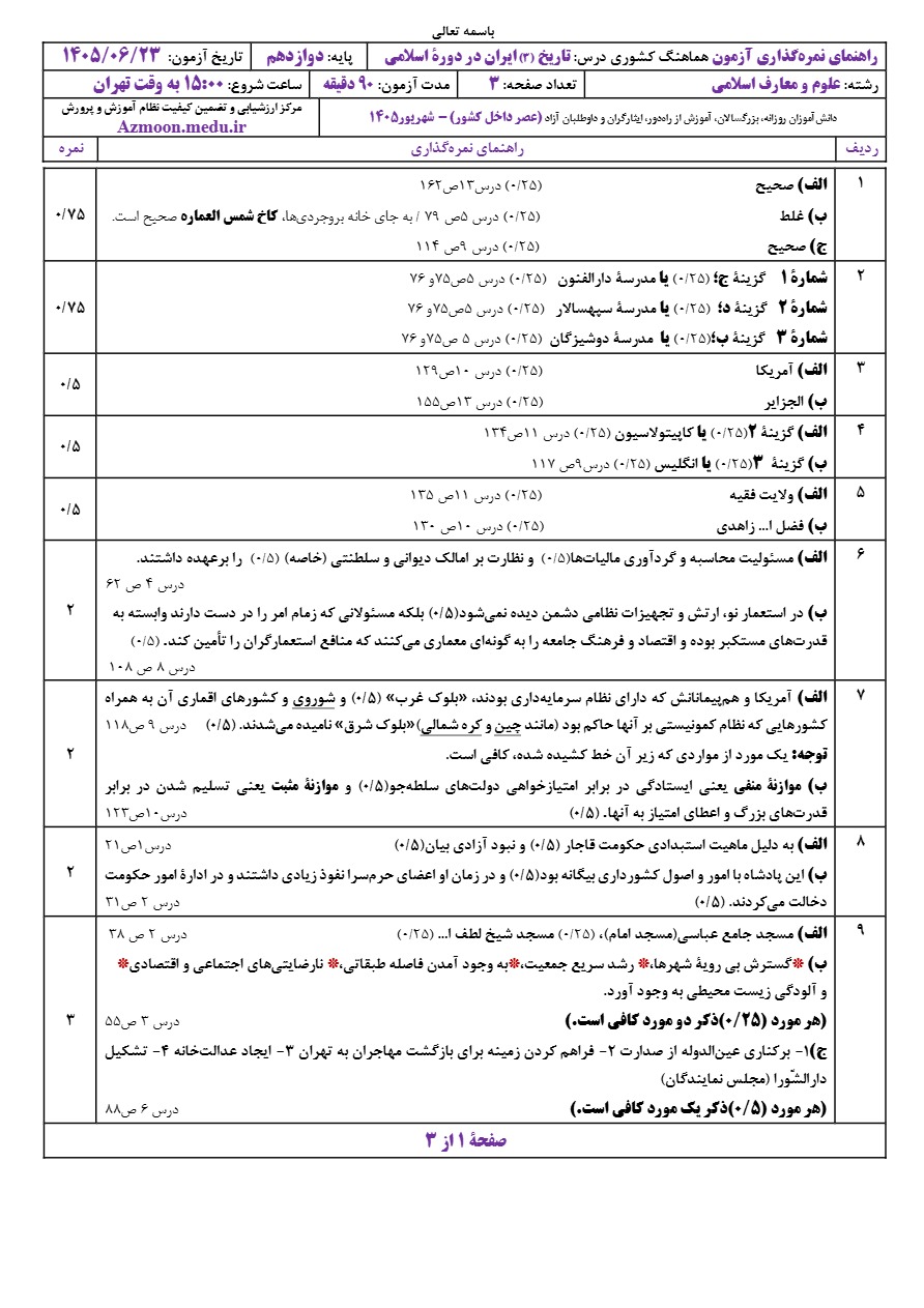 جواب سوالات امتحان نهایی تاریخ دوازدهم شهریور ۱۴۰۵