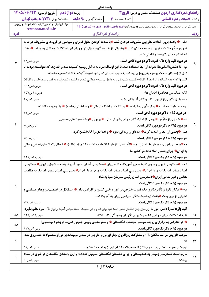 جواب سوالات امتحان نهایی تاریخ دوازدهم شهریور ۱۴۰۵