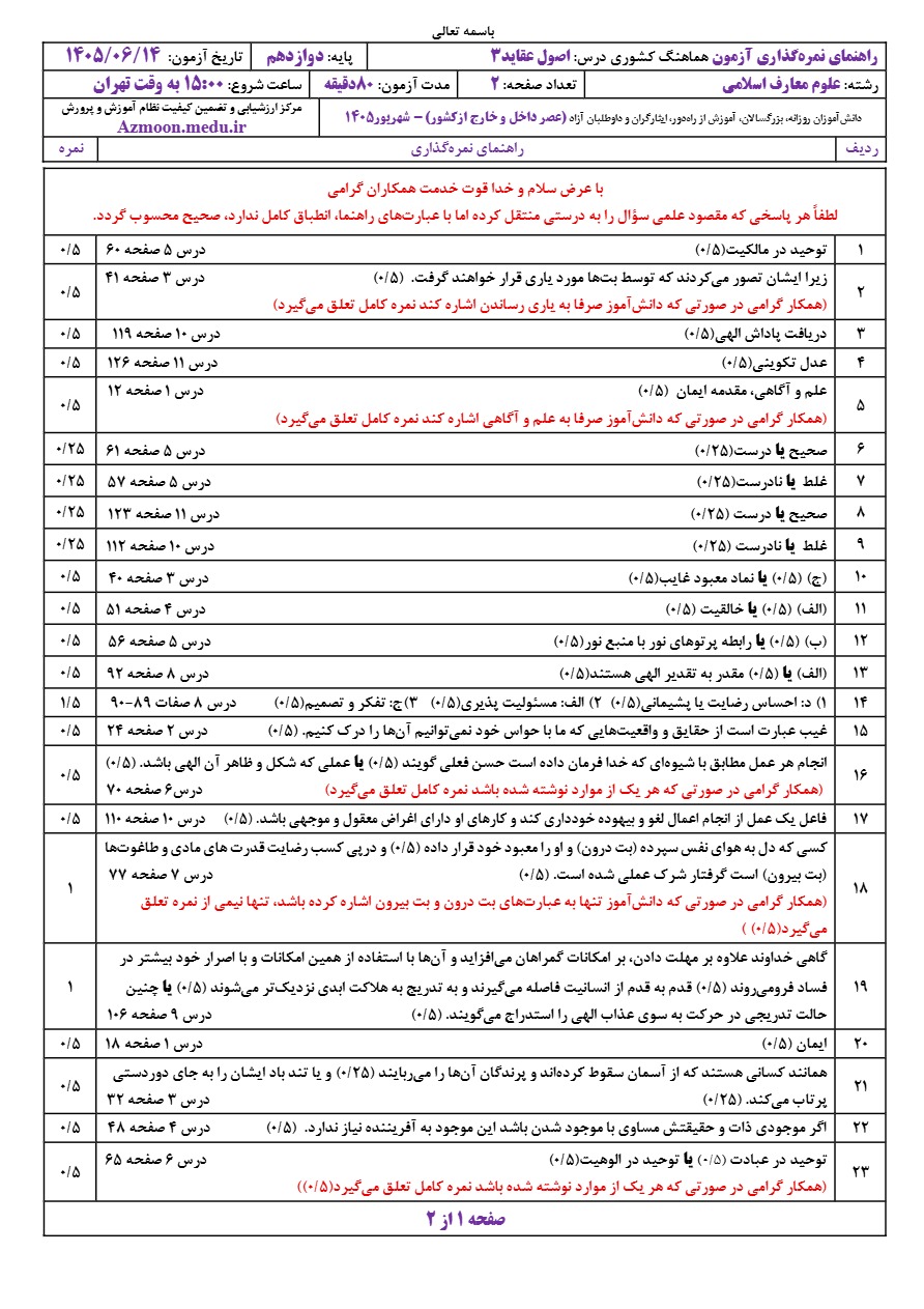 جواب سوالات نهایی اصول عقاید دوازدهم شهریور ۱۴۰۵