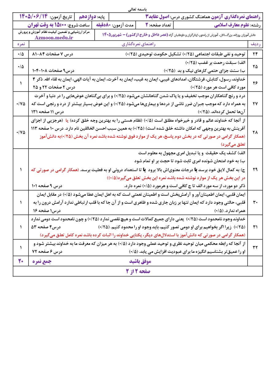 جواب سوالات نهایی اصول عقاید دوازدهم شهریور ۱۴۰۵