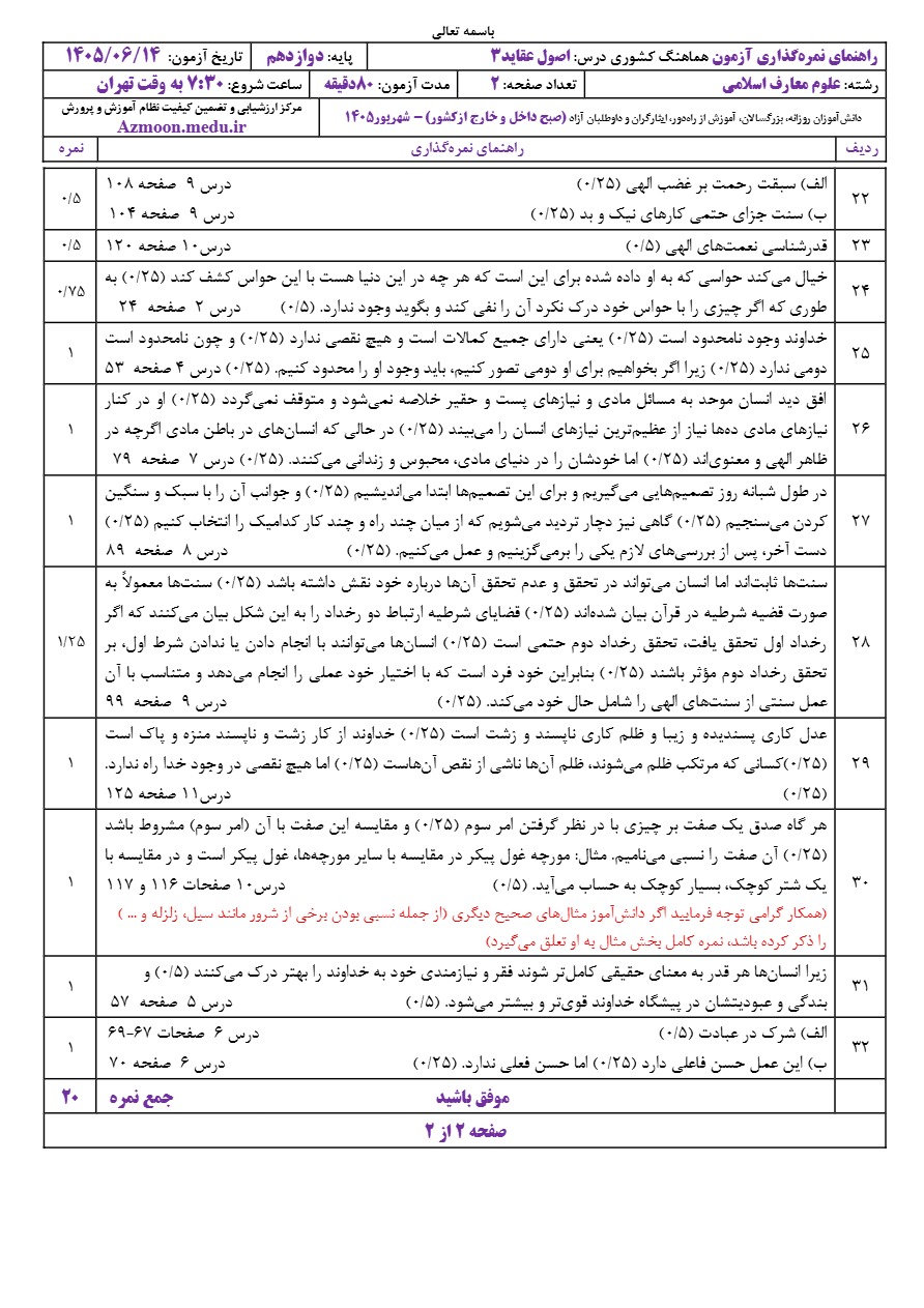 جواب سوالات نهایی اصول عقاید دوازدهم شهریور ۱۴۰۵