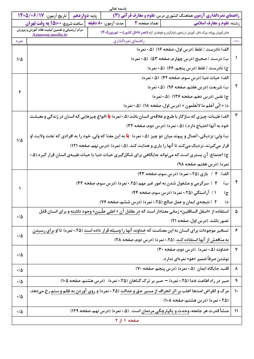 جواب سوالات نهایی علوم و معارف قرآنی دوازدهم شهریور ۱۴۰۵