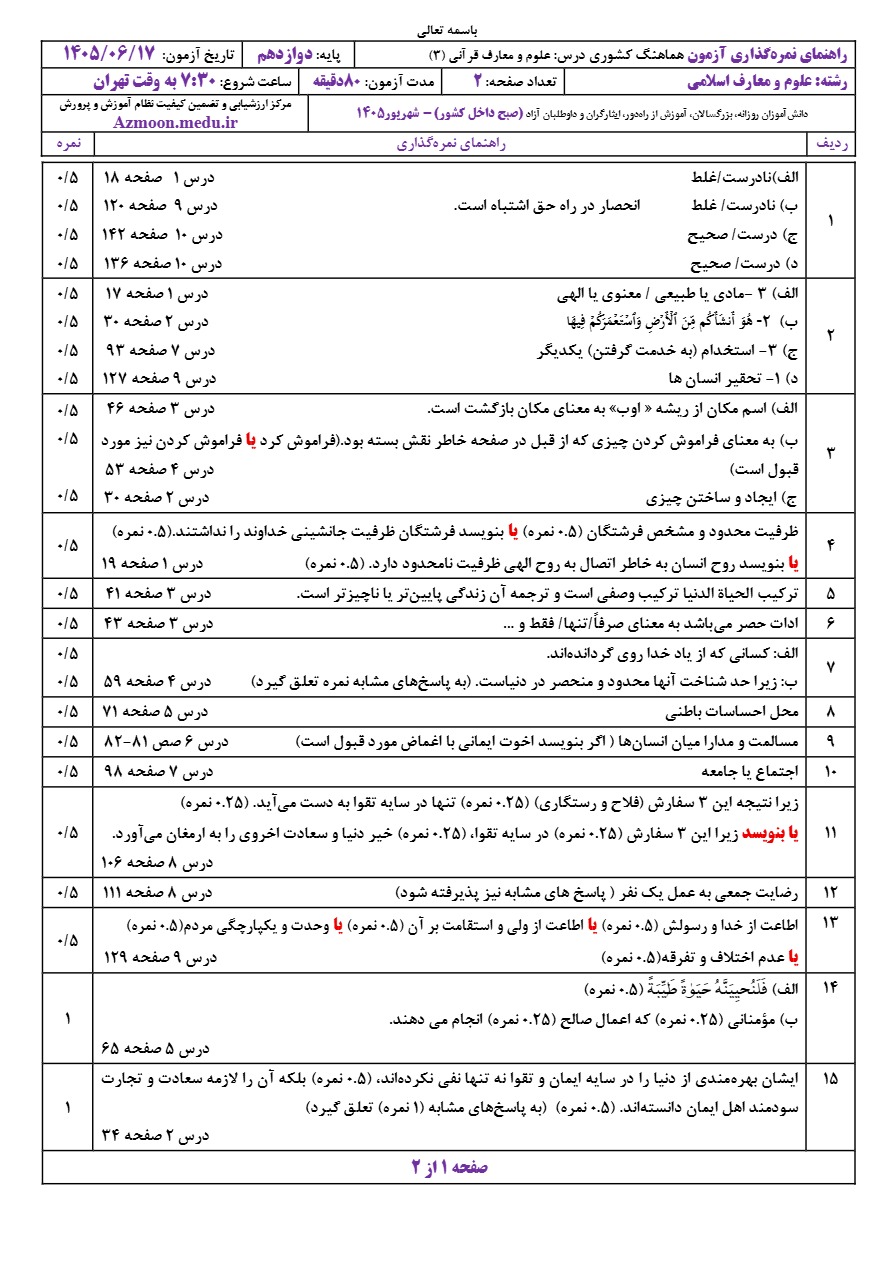 جواب سوالات نهایی علوم و معارف قرآنی دوازدهم شهریور ۱۴۰۵