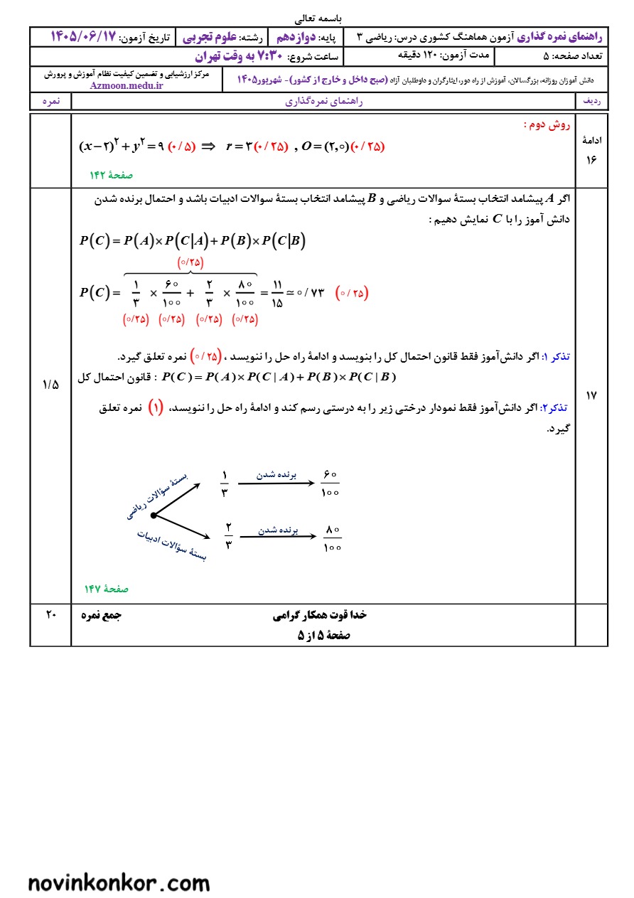 جواب سوالات نهایی ریاضی دوازدهم تجربی شهریور ۱۴۰۵