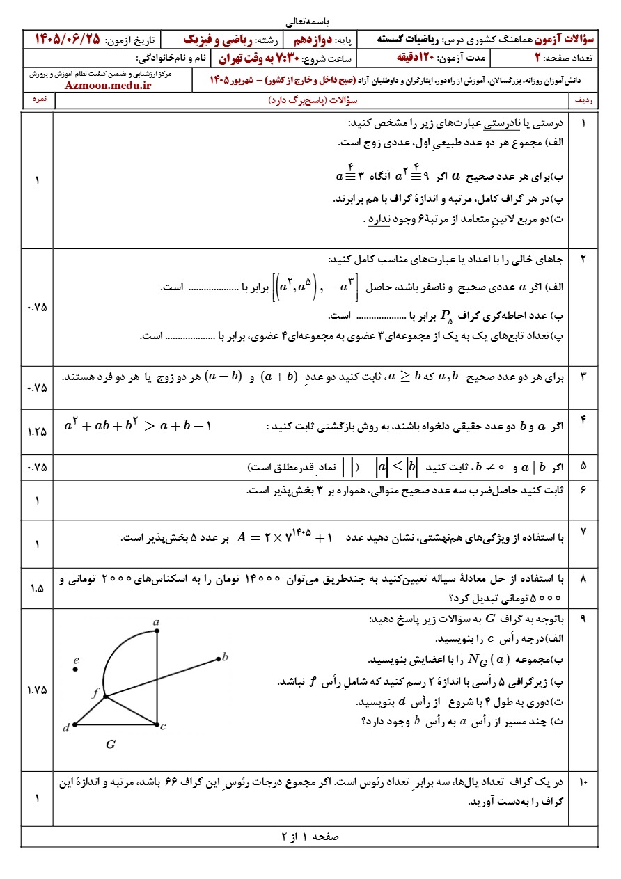 سوالات امتحان نهایی گسسته دوازدهم شهریور ۱۴۰۵