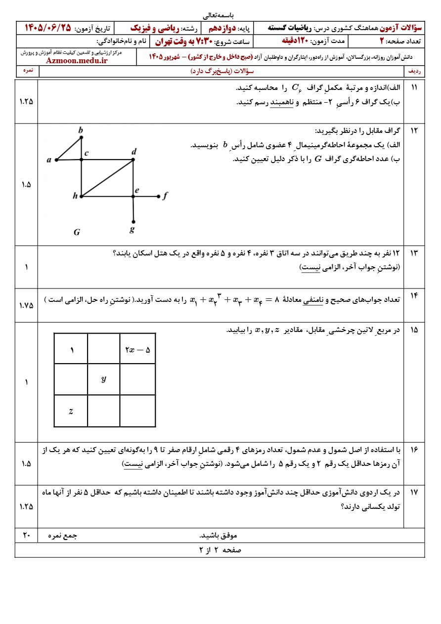 سوالات امتحان نهایی گسسته دوازدهم شهریور ۱۴۰۵