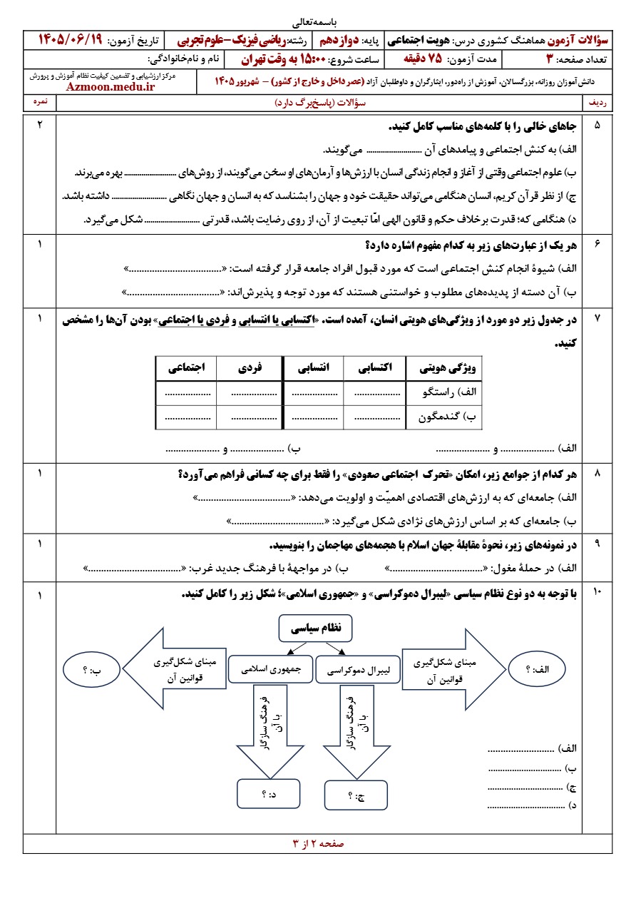 سوالات نهایی هویت دوازدهم شهریور ۱۴۰۵