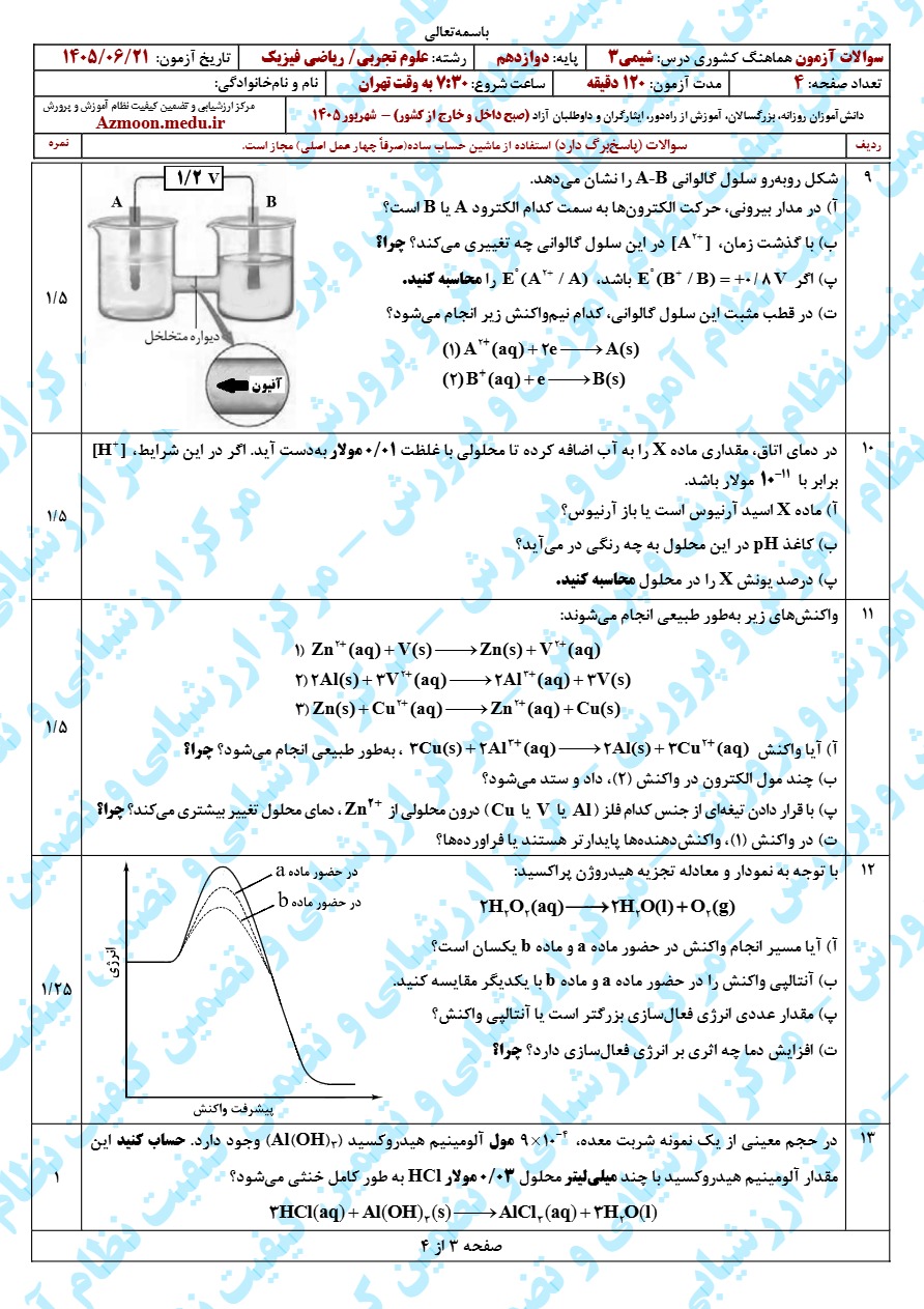 سوالات امتحان نهایی شیمی دوازدهم شهریور ۱۴۰۵