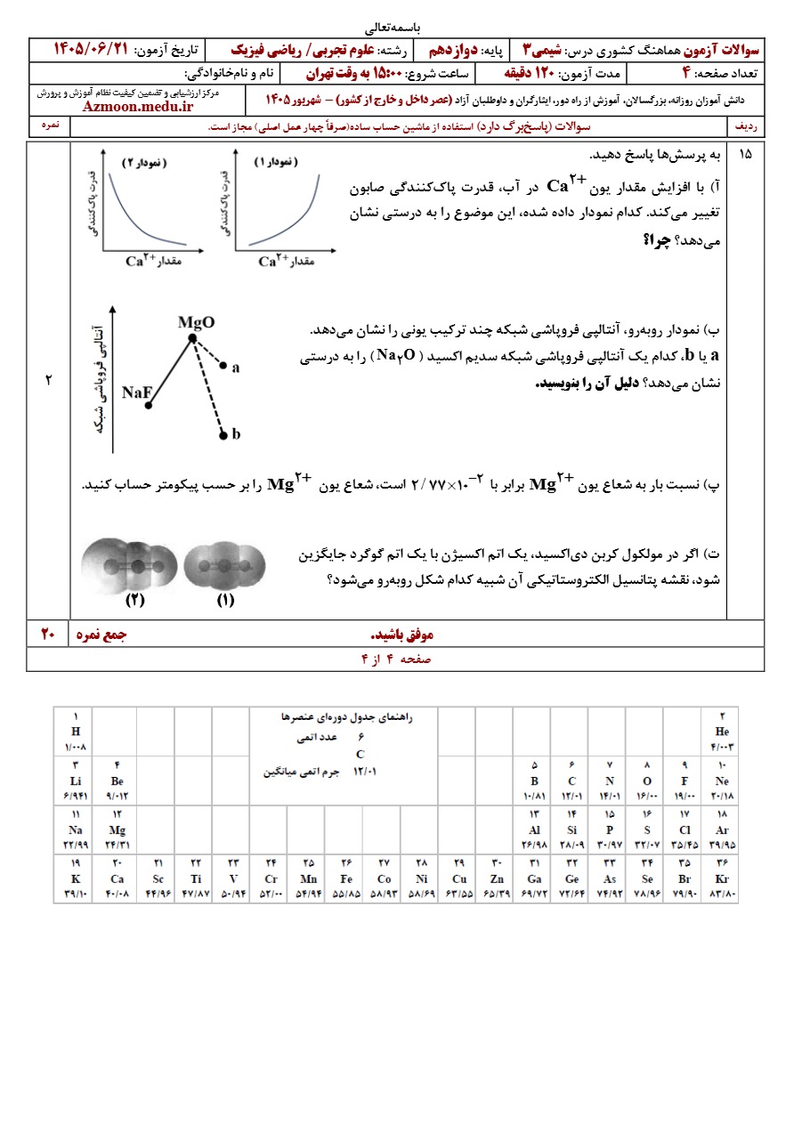 سوالات امتحان نهایی شیمی دوازدهم شهریور ۱۴۰۵